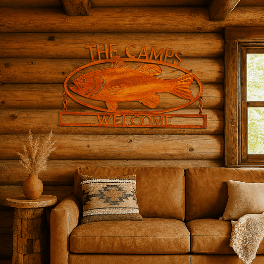 Rusty Rooster Fabrication & Design Physical product Custom Rustic Metal Fish Sign – “Down by the River” Lodge & Cabin Decor (Q9)