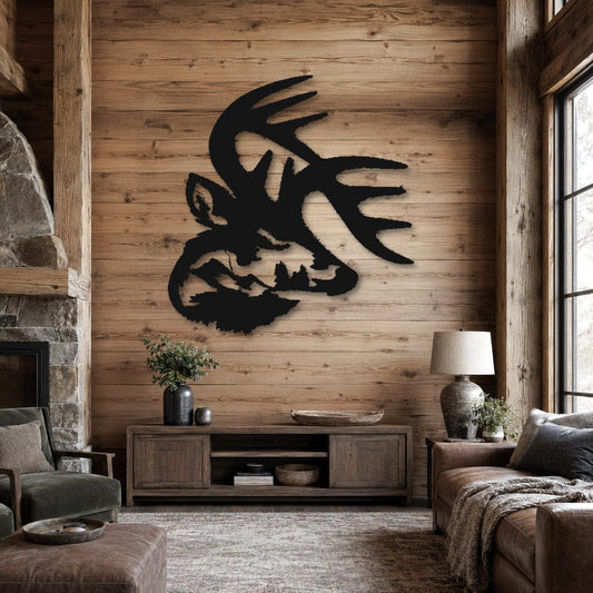 Rusty Rooster Fabrication & Design Physical product Deer Head & Mountain Scene Metal Wall Art (O44)