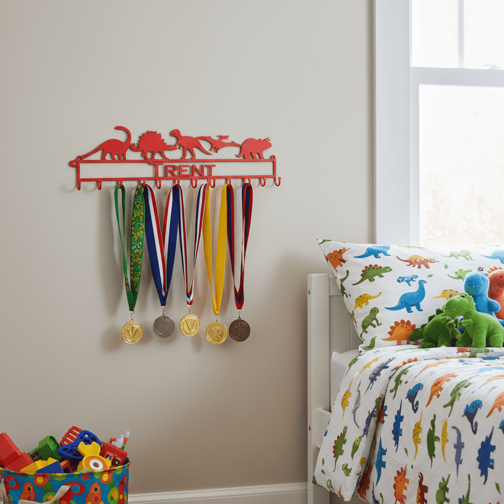 Rusty Rooster Fabrication & Design Physical product Dinosaurs Medal Holder with Personalized Text Field (V21)