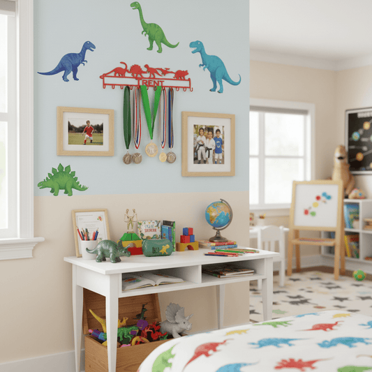 Rusty Rooster Fabrication & Design Physical product Dinosaurs Medal Holder with Personalized Text Field (V21)