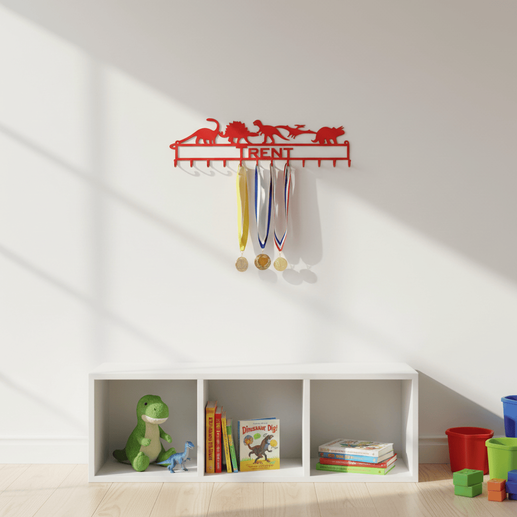 Rusty Rooster Fabrication & Design Physical product Dinosaurs Medal Holder with Personalized Text Field (V21)