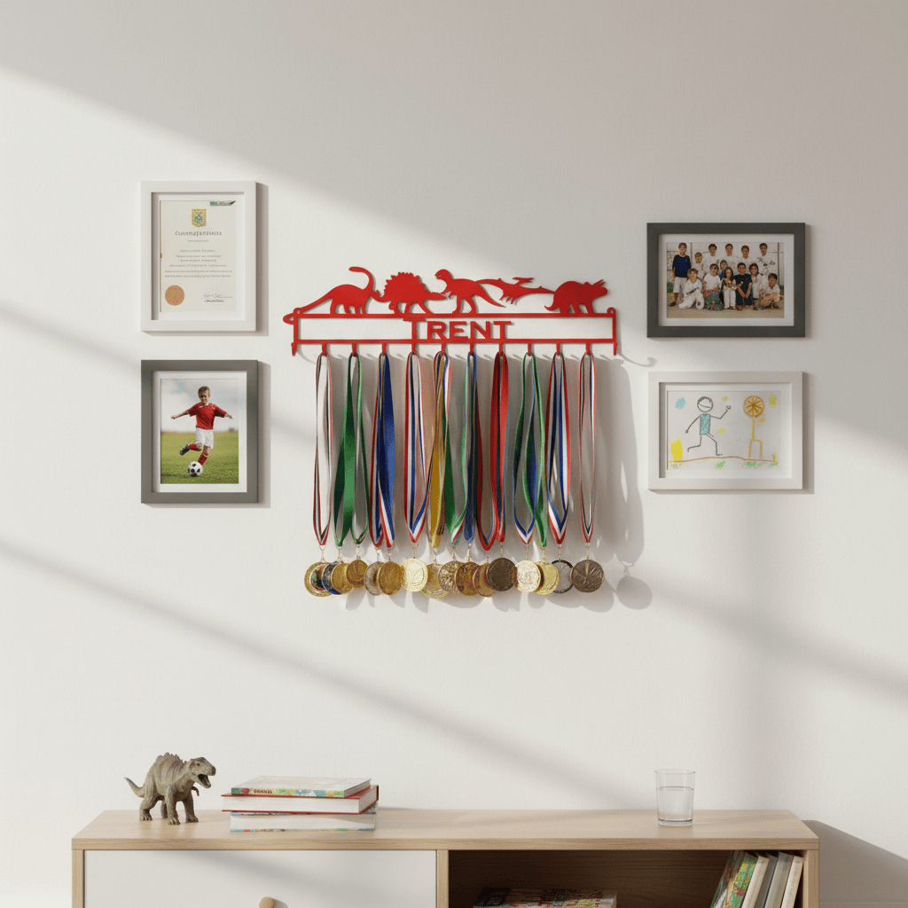 Rusty Rooster Fabrication & Design Physical product Dinosaurs Medal Holder with Personalized Text Field (V21)
