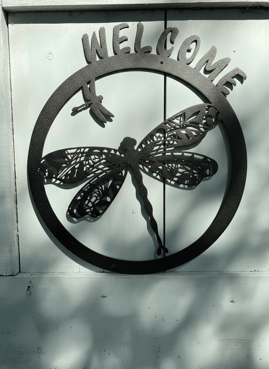 Rusty Rooster Fabrication & Design Physical product Dragonfly Metal Welcome Sign | Personalized Rustic Outdoor Decor - D52