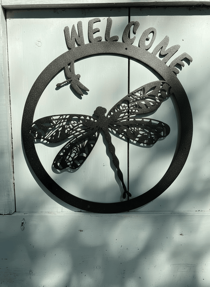 Rusty Rooster Fabrication & Design Physical product Dragonfly Metal Welcome Sign | Personalized Rustic Outdoor Decor - D52