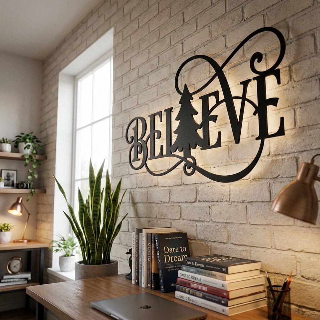 Rusty Rooster Fabrication & Design Physical product "Elegant 'Believe' Tree Metal Wall Art - Inspire with Style" (U35)