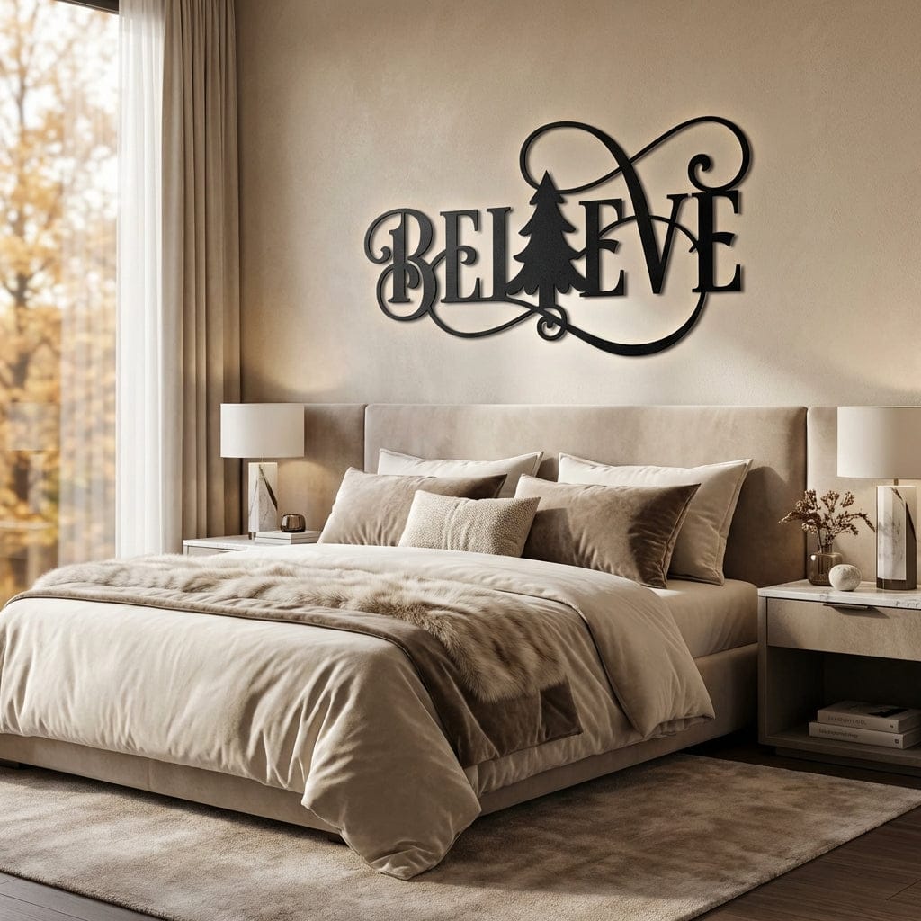 Rusty Rooster Fabrication & Design Physical product "Elegant 'Believe' Tree Metal Wall Art - Inspire with Style" (U35)