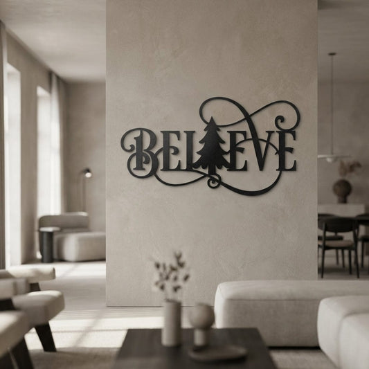 Rusty Rooster Fabrication & Design Physical product "Elegant 'Believe' Tree Metal Wall Art - Inspire with Style" (U35)