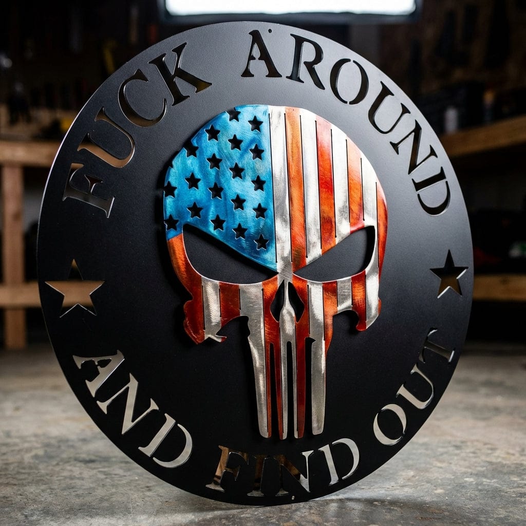 Rusty Rooster Fabrication & Design Physical product "F Around and Find Out" American Flag Punisher Skull Metal Sign (C85)