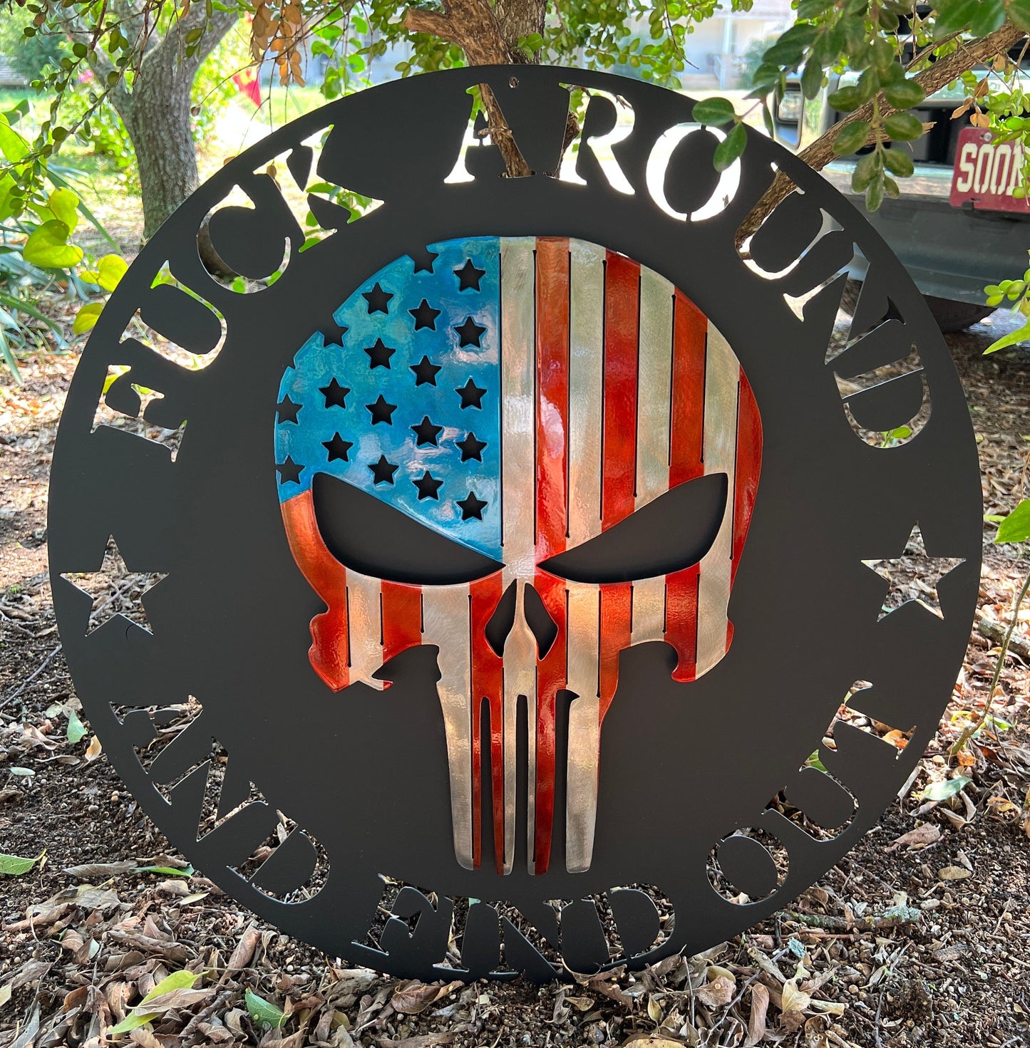 Rusty Rooster Fabrication & Design Physical product "F Around and Find Out" American Flag Punisher Skull Metal Sign (C85)