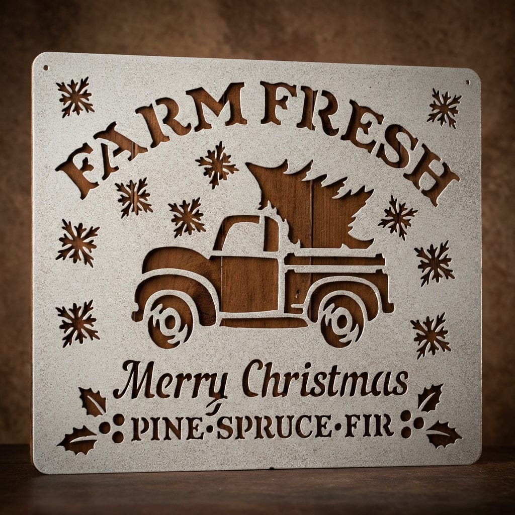 Rusty Rooster Fabrication & Design Physical product "Farm Fresh Christmas Trees" with Old Pickup Metal Sign (C80)