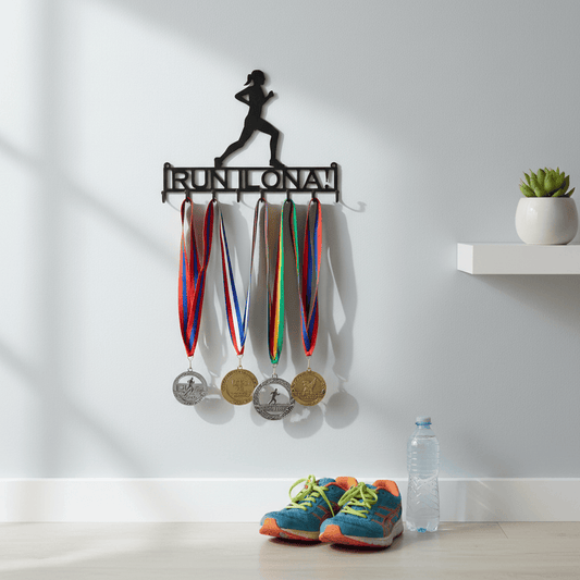 Rusty Rooster Fabrication & Design Physical product Female Runner Medal Rack Custom Text (O23)