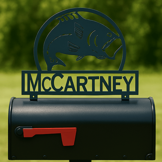 Rusty Rooster Fabrication & Design Physical product Fishing Mailbox Topper – Bass Silhouette with Custom Text for Outdoorsmen (I30)