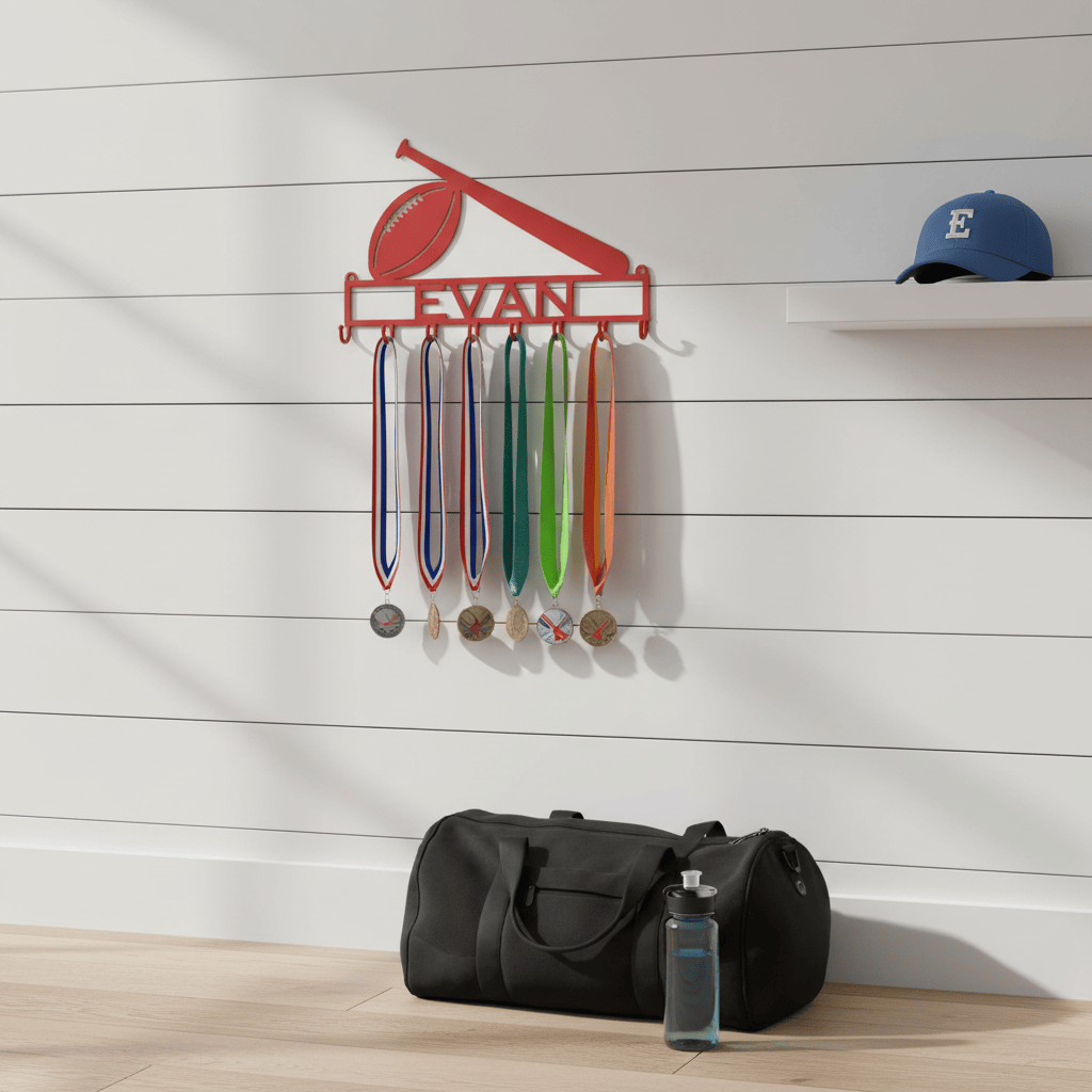 Rusty Rooster Fabrication & Design Physical product Football/Baseball Medal Rack with Personalized Text Box and 8 Hooks (K23)