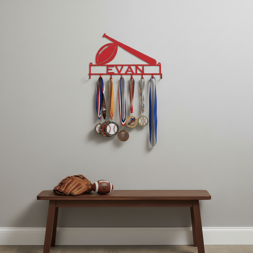 Rusty Rooster Fabrication & Design Physical product Football/Baseball Medal Rack with Personalized Text Box and 8 Hooks (K23)