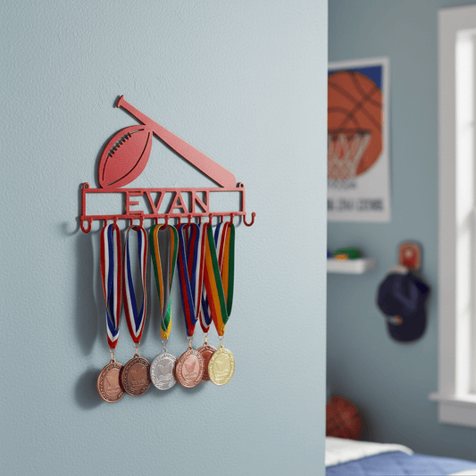 Rusty Rooster Fabrication & Design Physical product Football/Baseball Medal Rack with Personalized Text Box and 8 Hooks (K23)