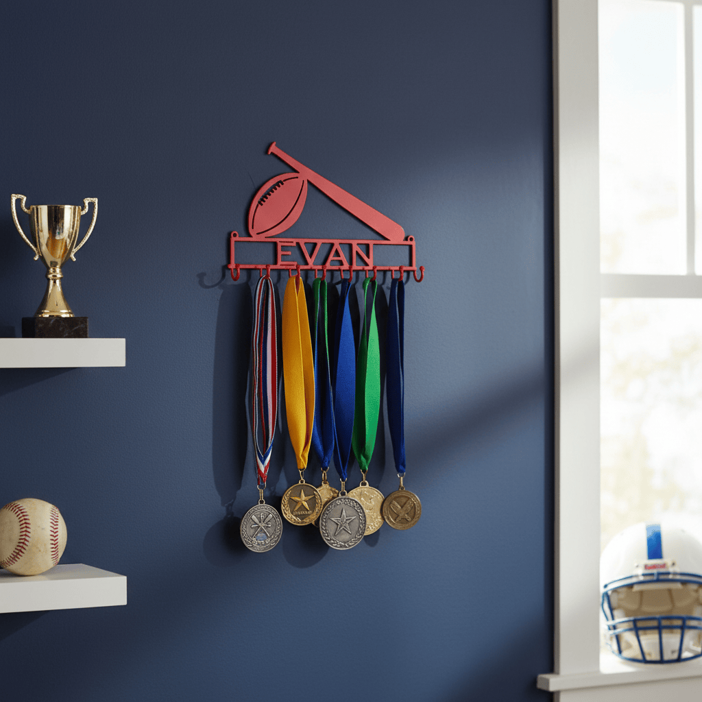 Rusty Rooster Fabrication & Design Physical product Football/Baseball Medal Rack with Personalized Text Box and 8 Hooks (K23)