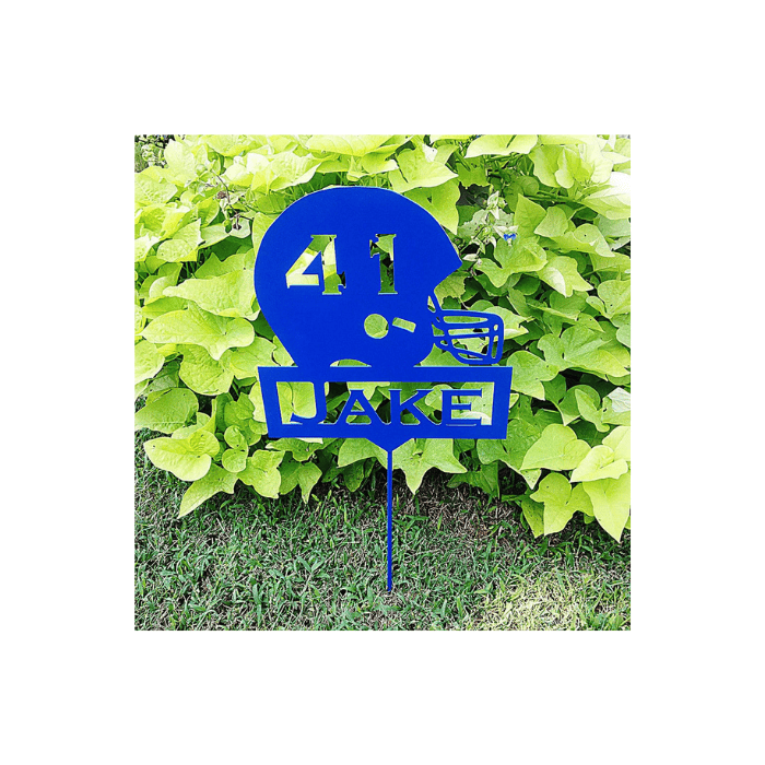 Rusty Rooster Fabrication & Design Physical product Football Helmet Garden Stake with Custom Text Box and Your Number in the Helmet  (A28)
