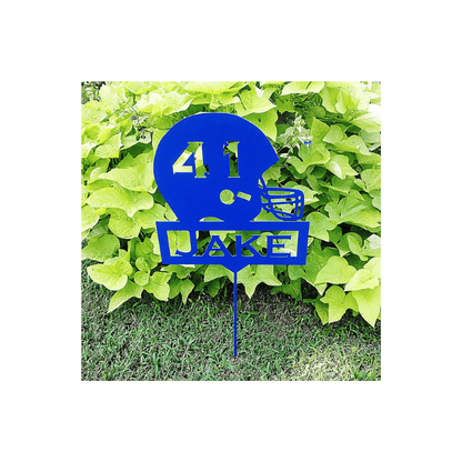 Rusty Rooster Fabrication & Design Physical product Football Helmet Garden Stake with Custom Text Box and Your Number in the Helmet  (A28)