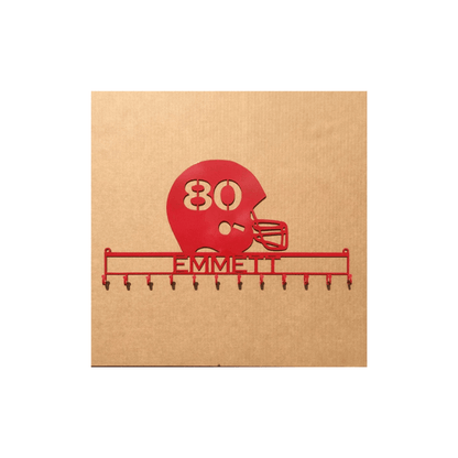 Rusty Rooster Fabrication & Design Physical product Football Helmet Medal holder with Personalized Text Field and Your Number Cut in the Helmet  (Z26)