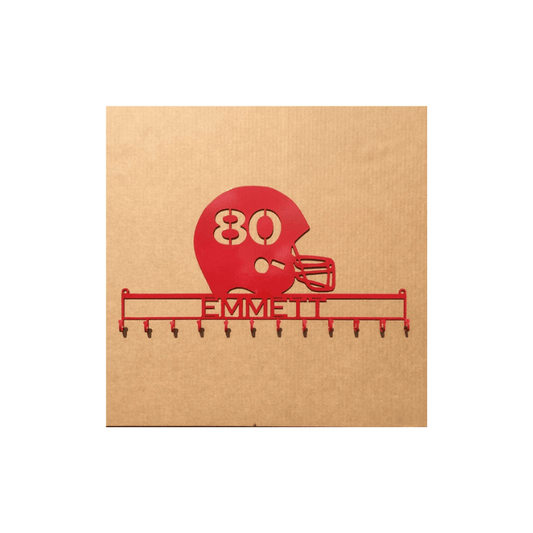 Rusty Rooster Fabrication & Design Physical product Football Helmet Medal holder with Personalized Text Field and Your Number Cut in the Helmet  (Z26)