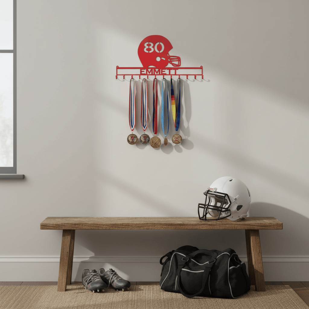 Rusty Rooster Fabrication & Design Physical product Football Helmet Medal holder with Personalized Text Field and Your Number Cut in the Helmet  (Z26)