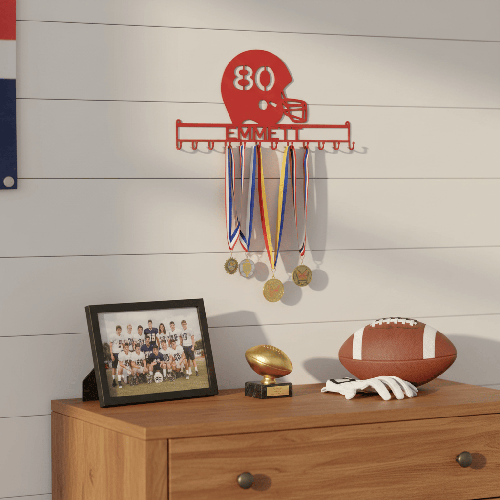 Rusty Rooster Fabrication & Design Physical product Football Helmet Medal holder with Personalized Text Field and Your Number Cut in the Helmet  (Z26)