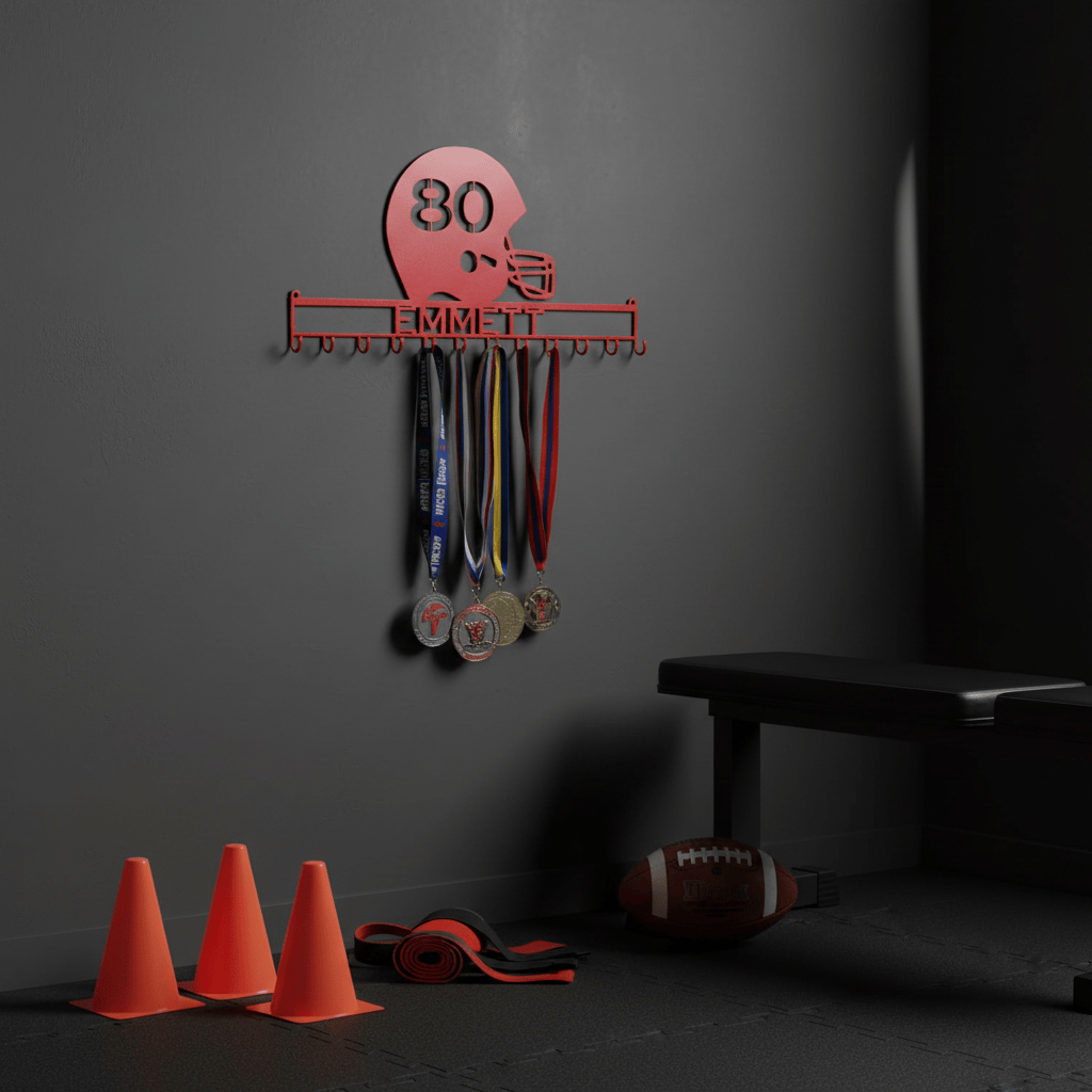 Rusty Rooster Fabrication & Design Physical product Football Helmet Medal holder with Personalized Text Field and Your Number Cut in the Helmet  (Z26)