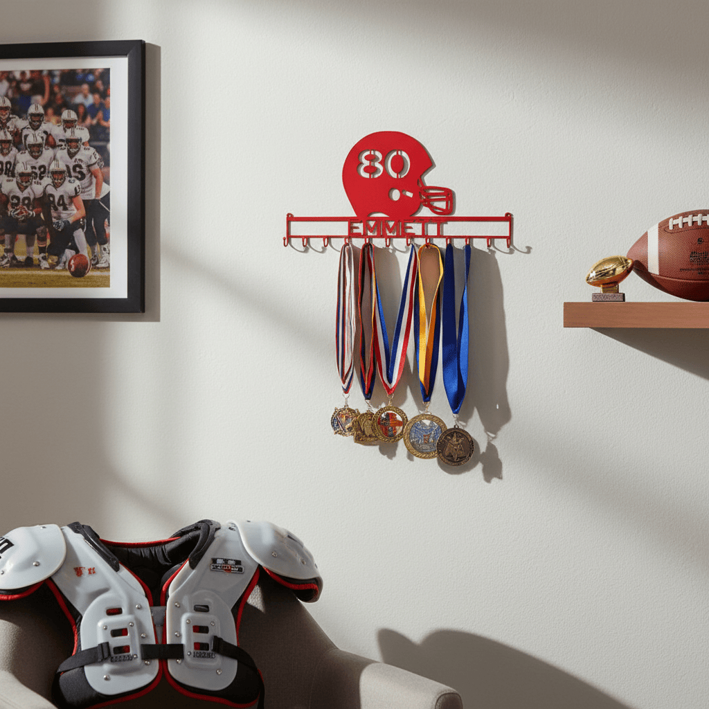 Rusty Rooster Fabrication & Design Physical product Football Helmet Medal holder with Personalized Text Field and Your Number Cut in the Helmet  (Z26)