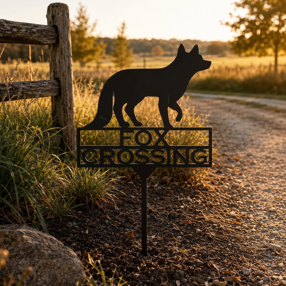 Fox Crossing metal yard stake displayed in a landscaped flower bed