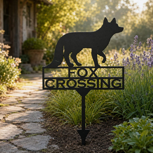 Fox Crossing metal garden stake displayed beside a garden path in warm evening light