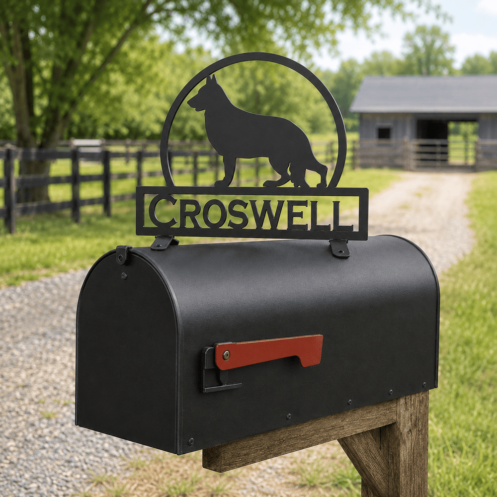Rusty Rooster Fabrication & Design Physical product German Shepherd Mailbox Topper – Custom Metal Sign with Personalized Text Field (E21)