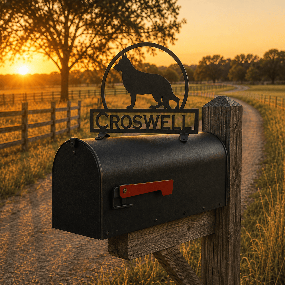 Rusty Rooster Fabrication & Design Physical product German Shepherd Mailbox Topper – Custom Metal Sign with Personalized Text Field (E21)