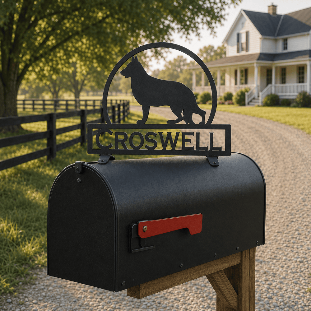 Rusty Rooster Fabrication & Design Physical product German Shepherd Mailbox Topper – Custom Metal Sign with Personalized Text Field (E21)