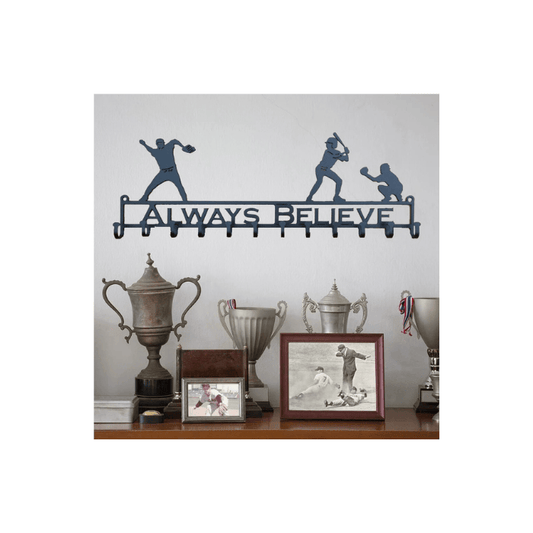 Rusty Rooster Fabrication & Design Physical product "Hit a Home Run: Up at Bat Personalizable Baseball Hat Rack - Keep Your Caps Organized with Sporting Style!" (J23)