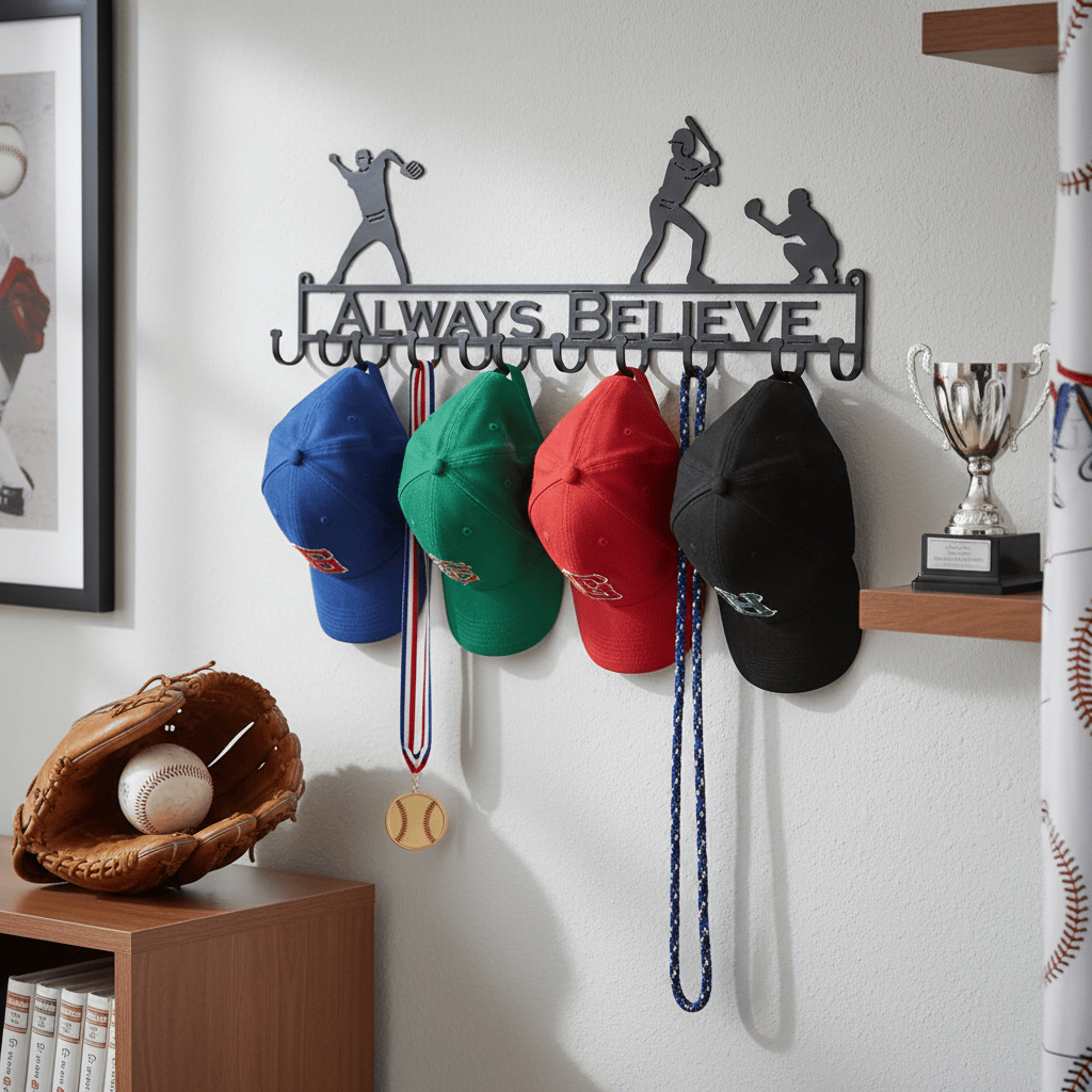 Rusty Rooster Fabrication & Design Physical product "Hit a Home Run: Up at Bat Personalizable Baseball Hat Rack - Keep Your Caps Organized with Sporting Style!" (J23)