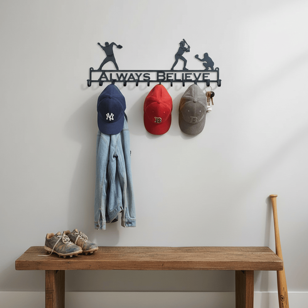 Rusty Rooster Fabrication & Design Physical product "Hit a Home Run: Up at Bat Personalizable Baseball Hat Rack - Keep Your Caps Organized with Sporting Style!" (J23)