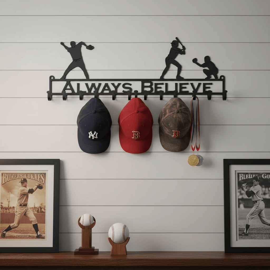 Rusty Rooster Fabrication & Design Physical product "Hit a Home Run: Up at Bat Personalizable Baseball Hat Rack - Keep Your Caps Organized with Sporting Style!" (J23)