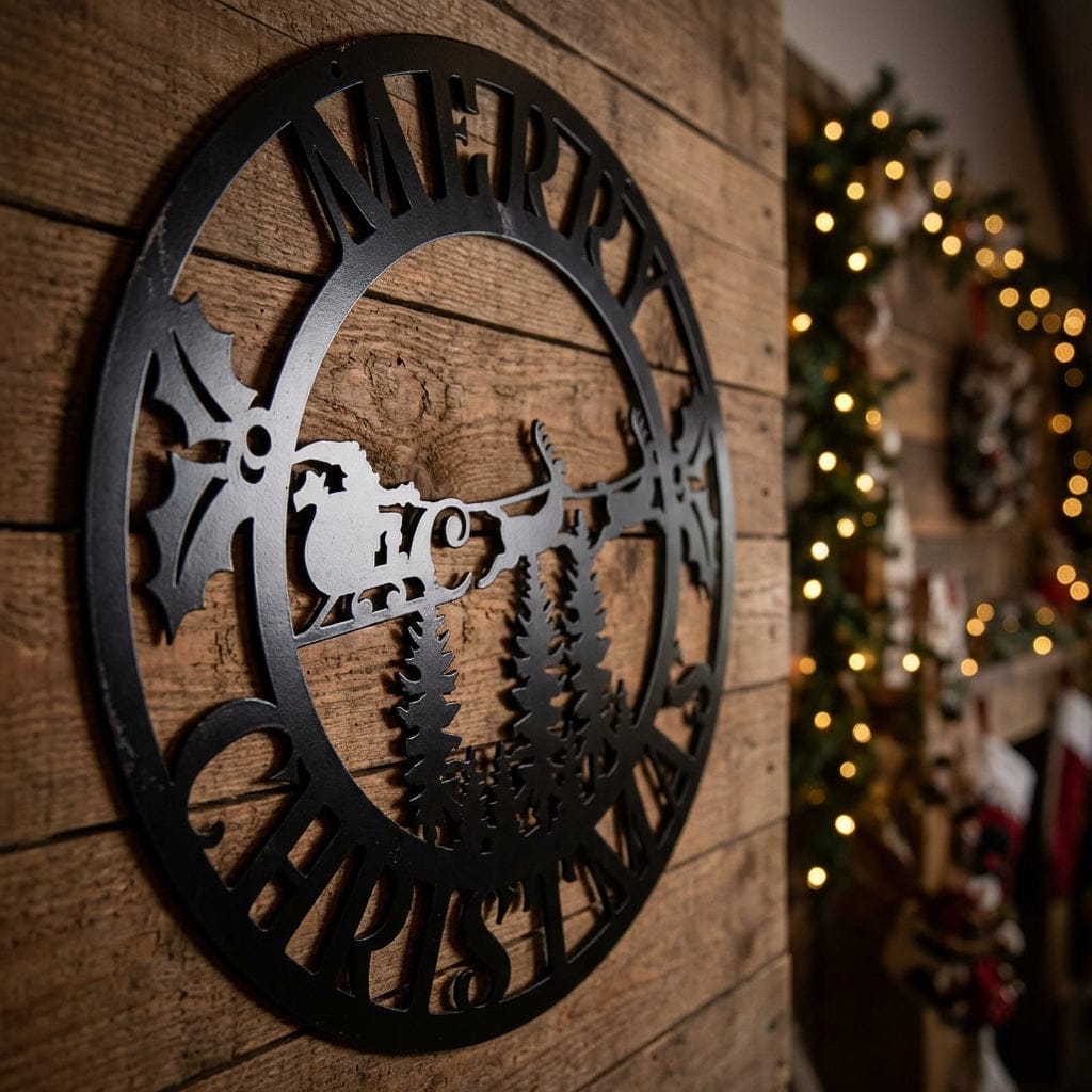 Rusty Rooster Fabrication & Design Physical product "Jolly Santa with Sleigh Merry Christmas Metal Sign" (U33)