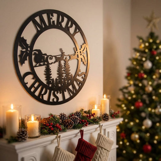 Rusty Rooster Fabrication & Design Physical product "Jolly Santa with Sleigh Merry Christmas Metal Sign" (U33)