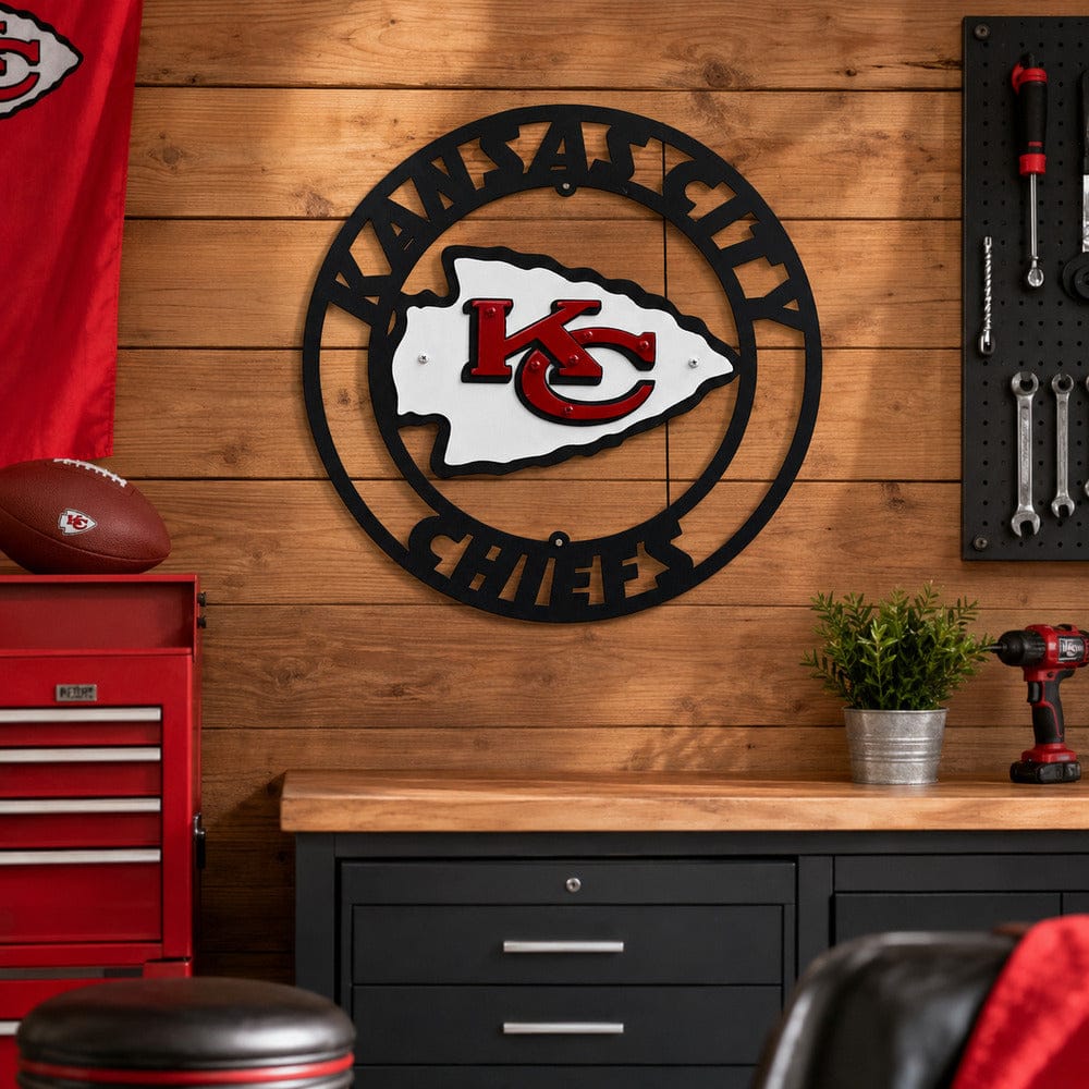 Kansas City Chiefs metal wall decor displayed in a football fan room