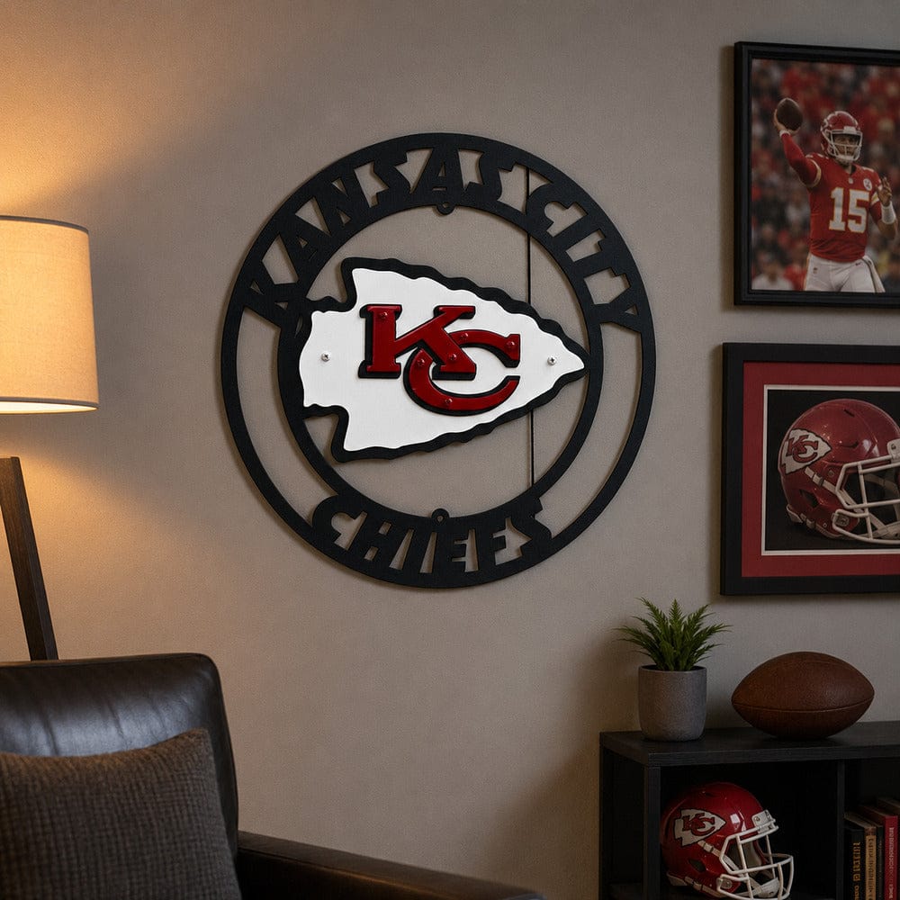 Kansas City Chiefs steel wall art displayed in a sports-themed workshop