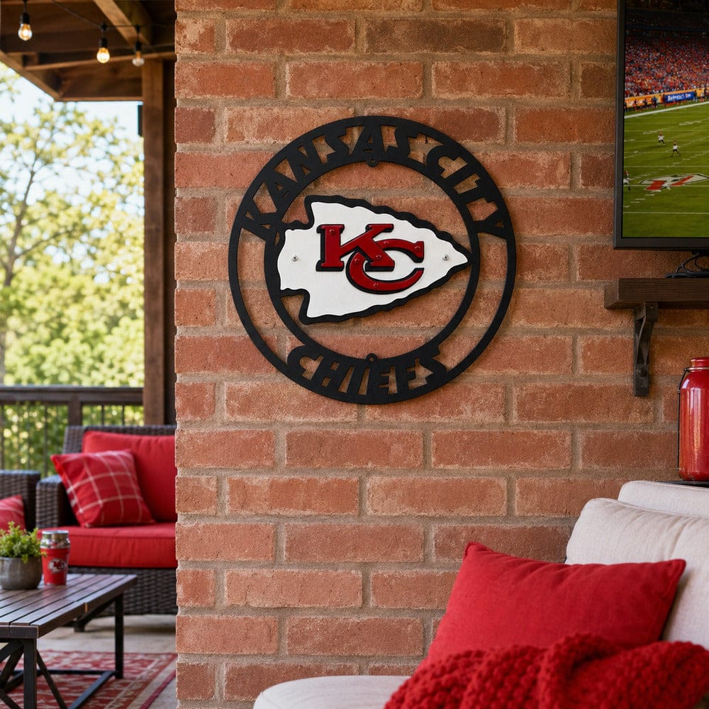 Kansas City Chiefs metal sign displayed as game room wall decor