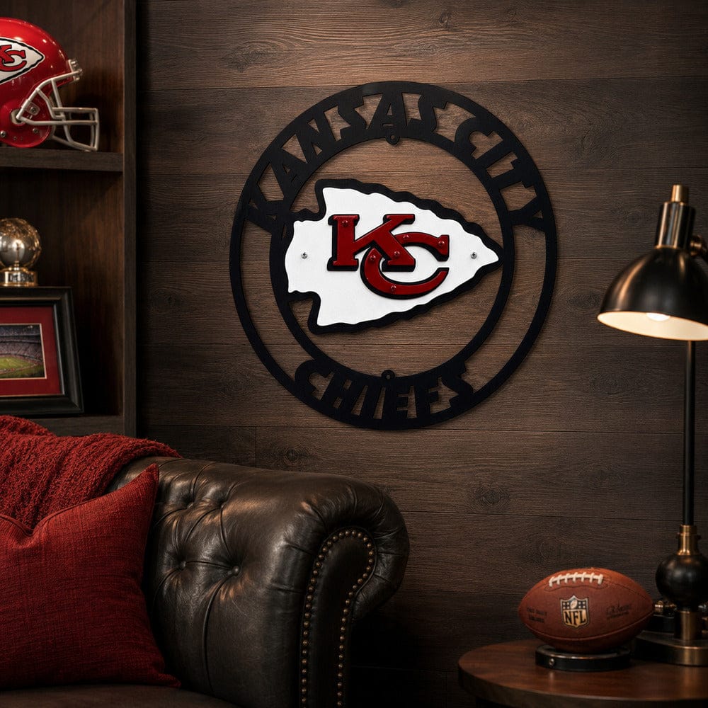 Kansas City Chiefs metal wall sign displayed in a football-themed fan cave