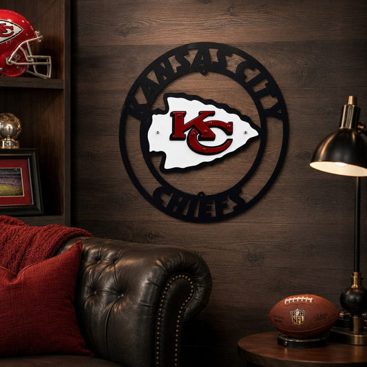Kansas City Chiefs metal wall sign displayed in a football-themed fan cave