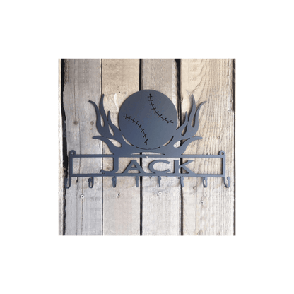 Rusty Rooster Fabrication & Design Physical product Medal Holder Baseball with Flames with Custom Text Box with 8 Hooks   (D28)