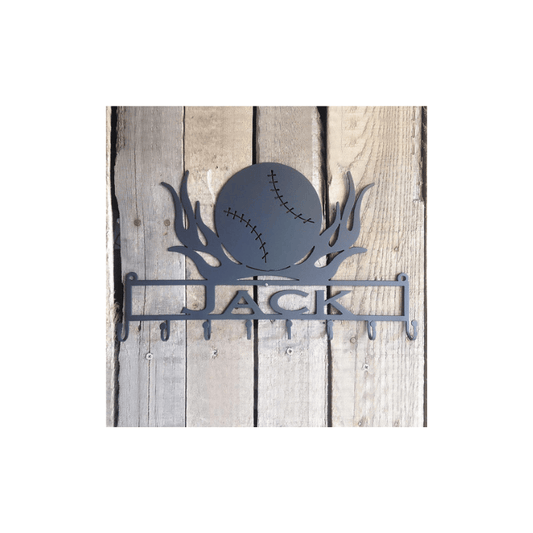 Rusty Rooster Fabrication & Design Physical product Medal Holder Baseball with Flames with Custom Text Box with 8 Hooks   (D28)