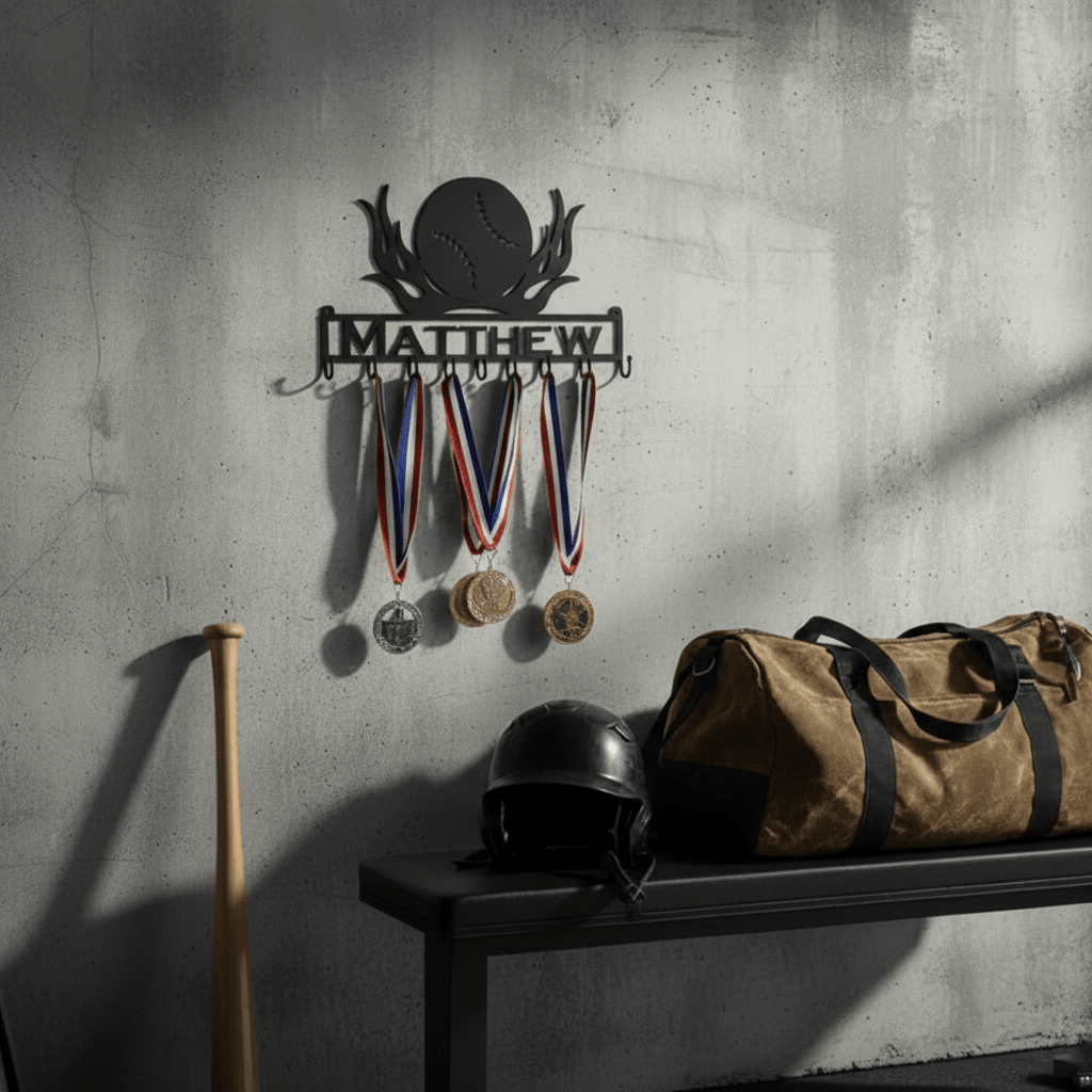 Rusty Rooster Fabrication & Design Physical product Medal Holder Baseball with Flames with Custom Text Box with 8 Hooks   (D28)