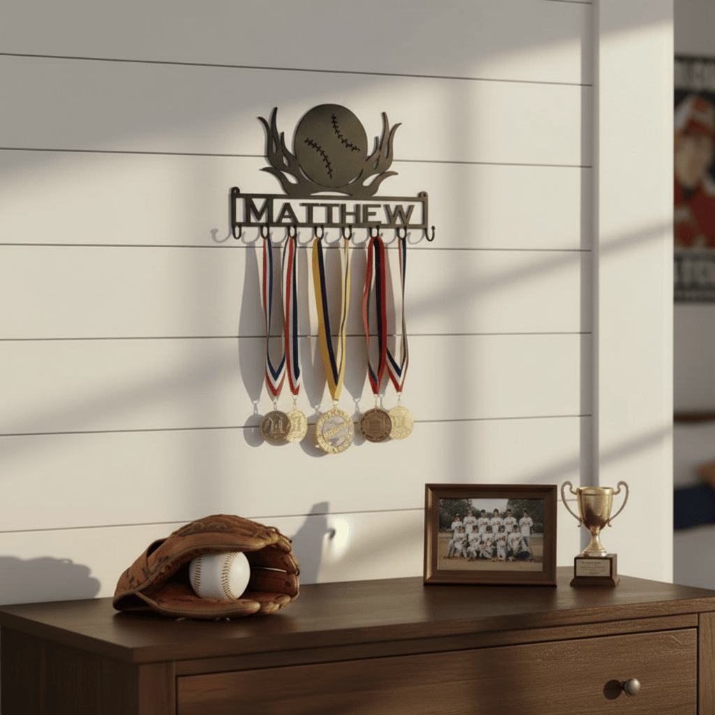 Rusty Rooster Fabrication & Design Physical product Medal Holder Baseball with Flames with Custom Text Box with 8 Hooks   (D28)