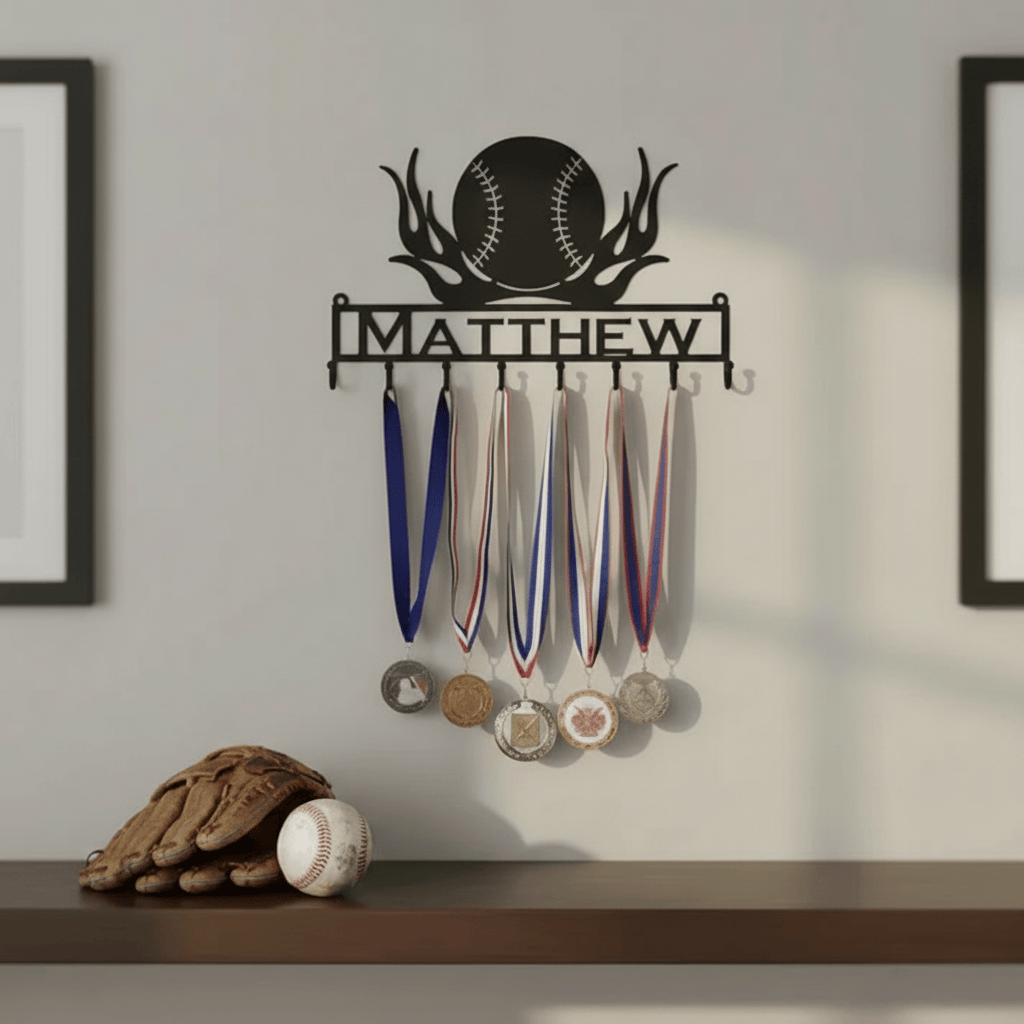 Rusty Rooster Fabrication & Design Physical product Medal Holder Baseball with Flames with Custom Text Box with 8 Hooks   (D28)