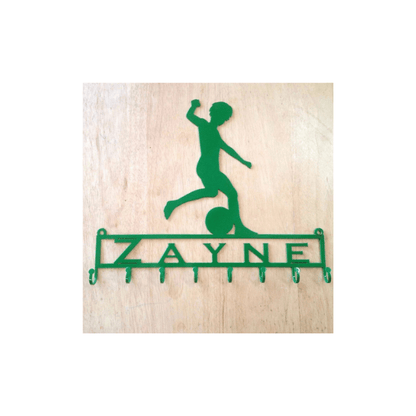 Rusty Rooster Fabrication & Design Physical product Medal Holder with Soccer Player Kicking Ball with Custom Text Field and 8 Hooks   (Z23)